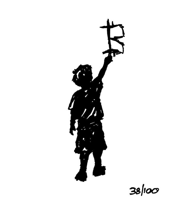 A black silhouette stencil artwork of a child reaching upward toward a helicopter, signed with '38/100' in the bottom right corner.