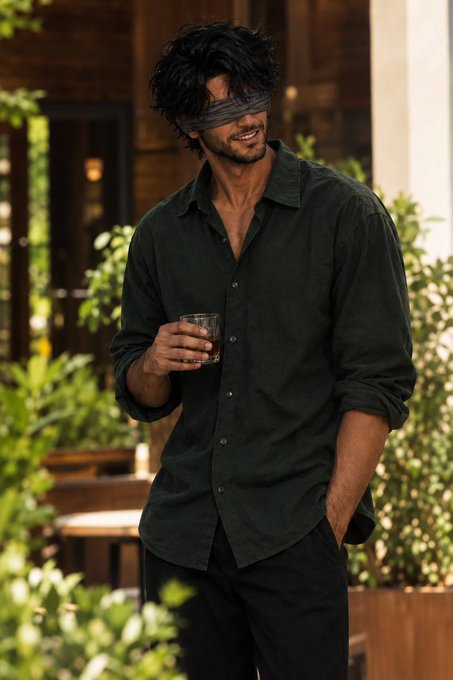 A man with dark messy hair wearing a blindfold and a dark button-up shirt, holding a glass of liquid while standing outdoors near greenery.