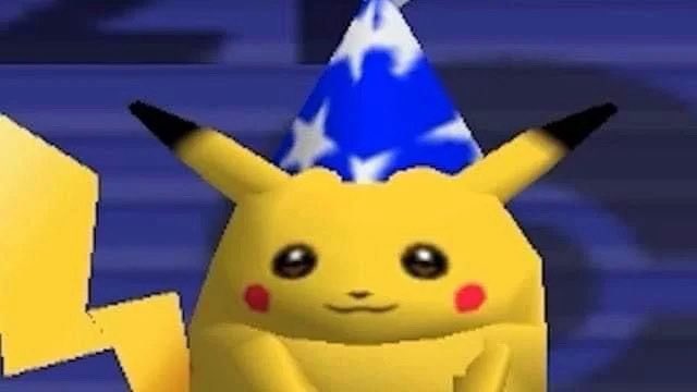 A Pikachu character wearing a blue party hat with white stars, appearing in what looks like a Pokémon scene.