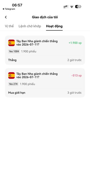 A mobile screenshot in Vietnamese showing a 'Hoạt động' (Activity) page on a prediction market app, displaying two past trades on the question 'Tây Ban Nha giành chiến thắng vào 2026-07-11?' (Will Spain win on 2026-07-11?), with one resulting in a +1,900 xp win and another in a -513 xp loss.