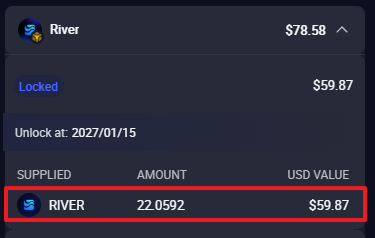 A screenshot of a crypto portfolio showing locked RIVER tokens valued at $59.87, unlocking on 2027/01/15.