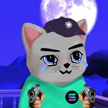 An NFT/crypto-style digital artwork of a crying white cat character wearing a black cap with an Imperial Japanese Rising Sun emblem, holding two handguns against a blue moonlit background.