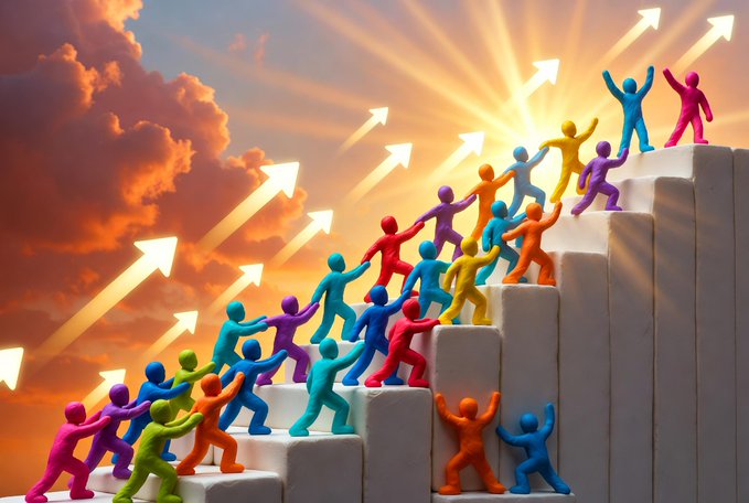 A colorful 3D illustration of diverse human figures helping each other climb white stairs, with golden arrows pointing upward toward a sunrise, symbolizing collaborative success or growth.