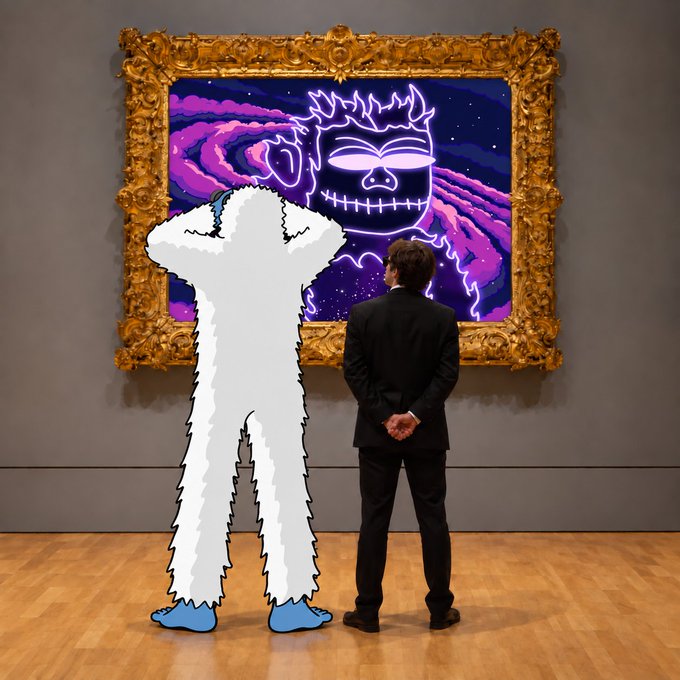 A man in a black suit stands with his back to the viewer, looking at an ornately framed painting of a neon cartoon character in a purple cosmic setting, while a pixelated white figure with blue shoes stands beside him.