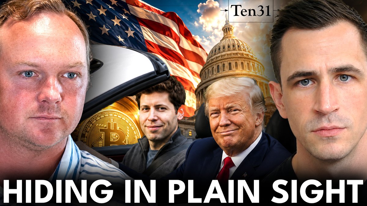 This image depicts an American flag, the Capitol building, Bitcoin, and the faces of Donald Trump and two other men, under the title "HIDING IN PLAIN SIGHT" and the name "Ten31," suggesting a discussion about accumulating Bitcoin discreetly.