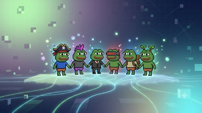 Six pixel-art Pepe characters stand hand-in-hand on a glowing, circuit-patterned platform against a digital background, each sporting unique small details like a pirate hat, pink mohawk, suit, bowtie, apron, and antennae—embodying the post's message that creativity shines through subtle variations within a shared 32x32 canvas, as featured by @pepehodls on Solana.