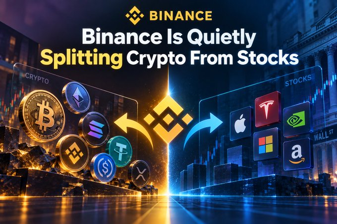 A promotional Binance graphic reads 'Binance Is Quietly Splitting Crypto From Stocks,' featuring cryptocurrency coins on the left and stock logos (Apple, Tesla, NVIDIA, Microsoft, Amazon) on the right.