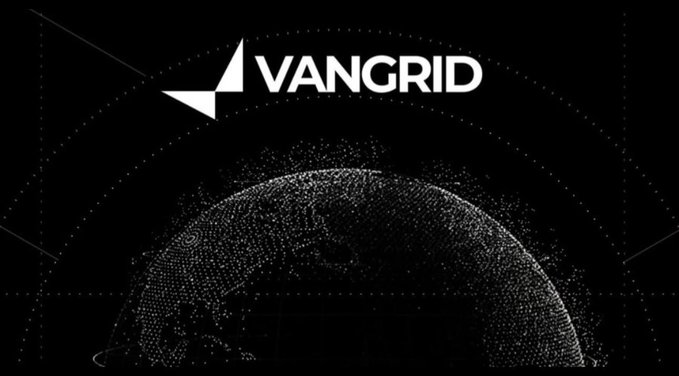 A logo for 'VANGRID' set against a digital, dotted rendering of Earth on a black background.