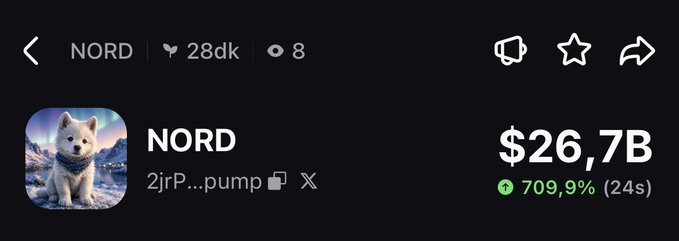 A screenshot shows the NORD token page displaying a market cap of $26.7B with a 709.9% surge over 24 seconds, matching the post's optimistic outlook following the purchase. The token, associated with the address ending in "pump," has attracted 28,000 views and 8 comments, reflecting heightened community interest.