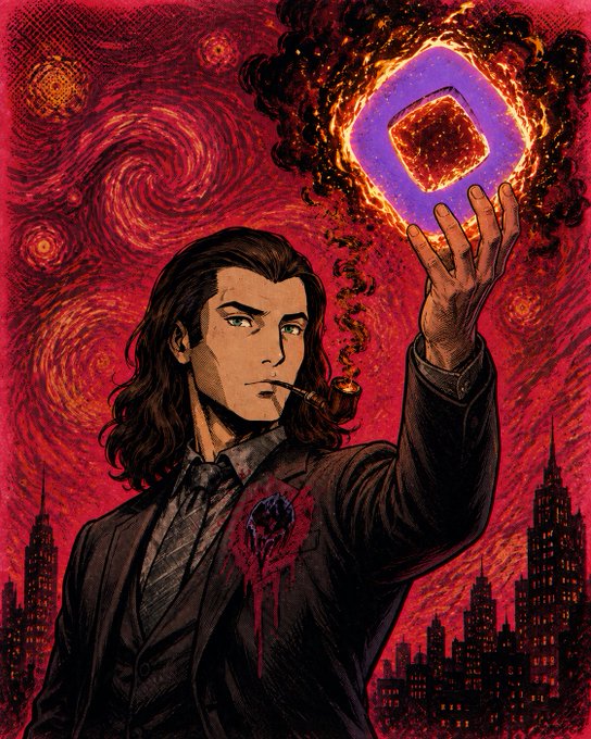 A long-haired man in a dark suit smokes a pipe while conjuring a glowing, flaming magenta cube in his outstretched hand, set against a swirling red cosmic backdrop above a silhouetted city skyline. The image evokes a sorcerer channeling mysterious power—mirroring the post's triumphant, "ON TOP" energy declaring Monad's dominance.
