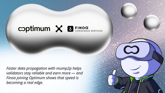 A promotional graphic featuring the Optimum and FINOA Consensus Services logos, alongside a cartoon mascot giving a thumbs-up, with text about faster data propagation.