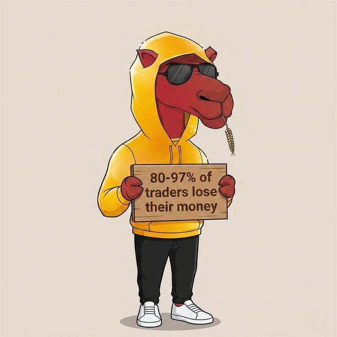 A cartoon illustration of a camel wearing sunglasses and a yellow hoodie, holding a cardboard sign that reads '80-97% of traders lose their money'.
