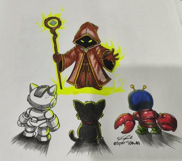 Hand-drawn illustration of a glowing cloaked wizard figure facing three cute animal characters in armor, signed 'eSperT (06.0)'.