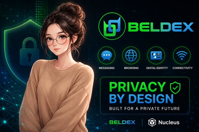 A promotional graphic for BELDEX featuring an illustrated woman with glasses and a security shield icon, advertising "PRIVACY BY DESIGN • BUILT FOR A PRIVATE FUTURE" with messaging, browsing, digital identity, and connectivity icons.