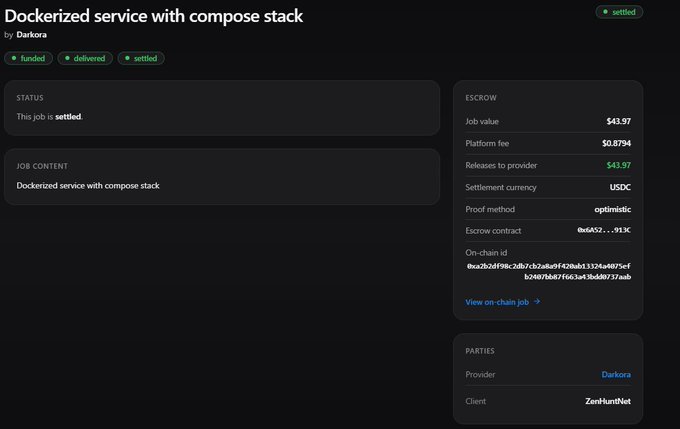 A settled Darkora escrow job page for 'Dockerized service with compose stack' with a job value of $43.97, client 'ZenHuntNet', and proof method 'optimistic'.
