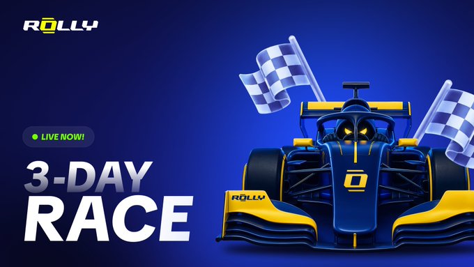 A blue promotional banner for 'ROLLY' announcing a '3-DAY RACE' (Live Now!) featuring a blue and yellow Formula 1-style race car with checkered flags.