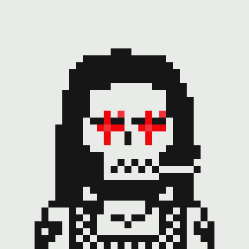 A pixel art depiction of a grim reaper figure with red bleeding eyes, smoking a cigarette, rendered in black, white, and red.