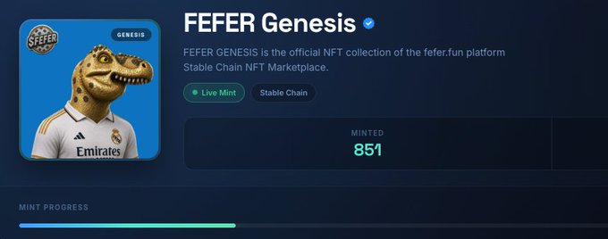 A webpage for "FEFER Genesis" NFT collection on the fefer.fun platform, showing a dinosaur character in a Real Madrid jersey with 851 minted and live mint progress.