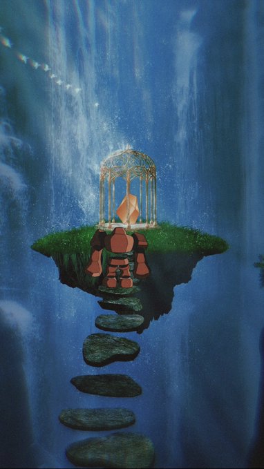 Fantasy digital artwork of a floating island with a golden gazebo housing an orange crystal, connected by stepping stones in a waterfall setting.