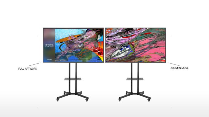 Two display screens on rolling stands show digital artwork, labeled 'FULL ARTWORK' (by Valerij) and 'ZOOM IN MOVE' on a white background.