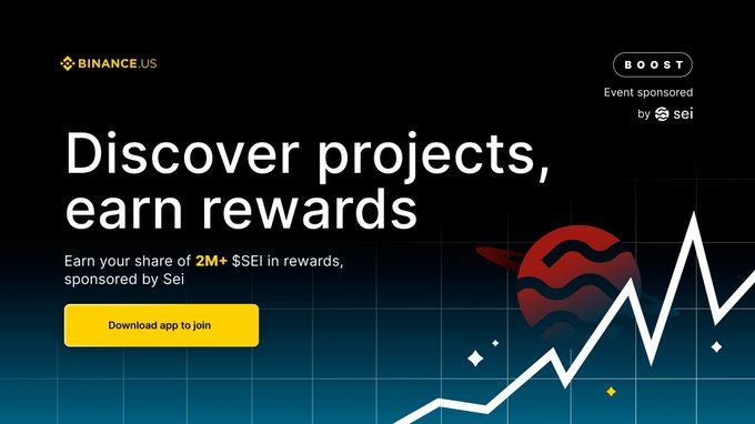 A Binance.US promotional banner for the "BOOST" event, sponsored by Sei, advertising the chance to "Discover projects, earn rewards" and earn a share of 2M+ $SEI in rewards by downloading the app to join. The image visually supports the post's message about the limited-time opportunity to participate in the @SeiNetwork Boost event and earn ~$100K in $SEI rewards.