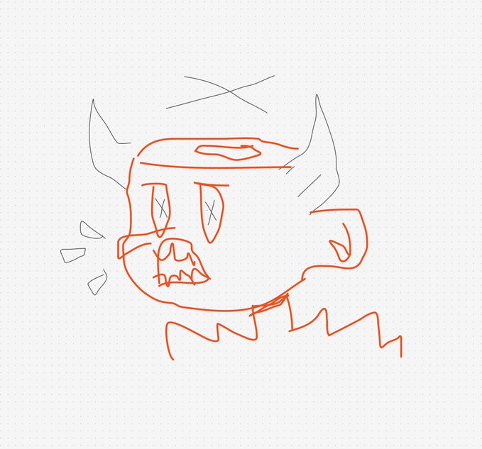 A red digital doodle of an angry horned monster face with X-shaped eyes and fangs, with sketchy cross marks above it.