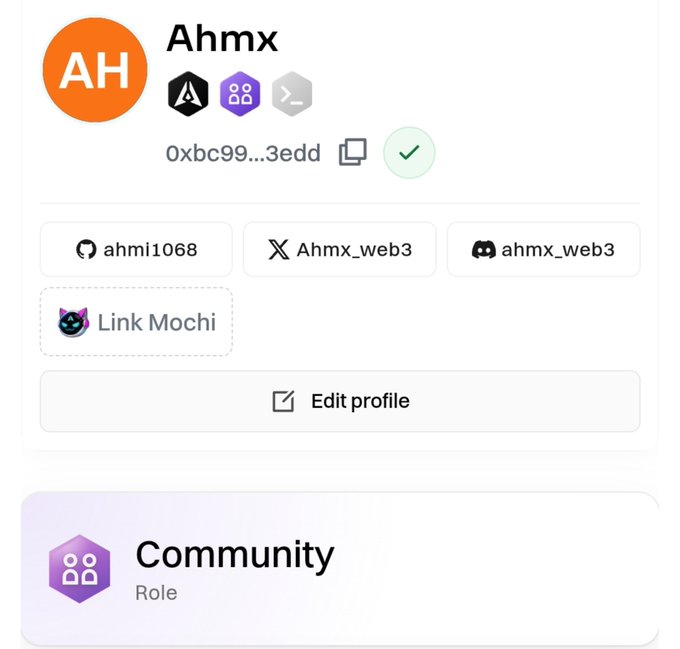 A user profile page for 'Ahmx' displaying an orange 'AH' avatar, connected social accounts (ahmi1068, Ahmx_web3, ahmx_web3), a Link Mochi button, and an Edit profile option, along with a Community Role badge.