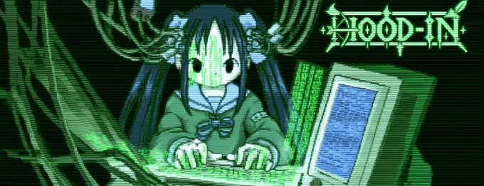 Pixel art style image with green glitch effects features an anime girl typing at a keyboard next to a monitor, alongside the stylized text 'HOOD IN'.