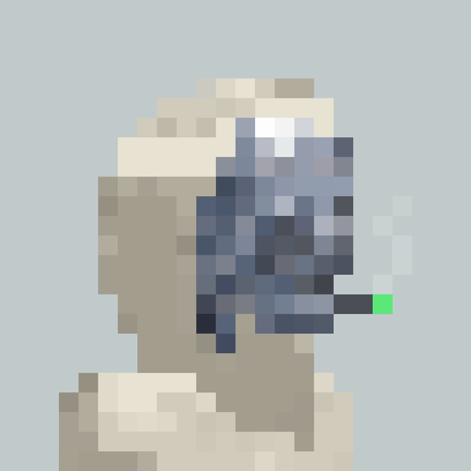 A pixel art illustration showing a profile view of a figure wearing a blue face mask and holding what appears to be a cigarette, set against a light blue background.