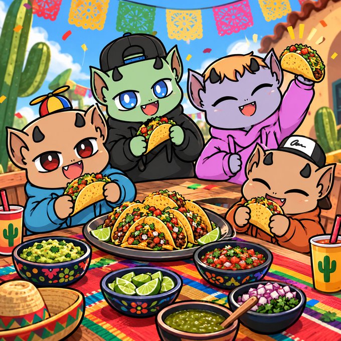 A colorful cartoon illustration shows four small, horned demon-like characters wearing baseball caps and hoodies enjoying tacos at a festive table filled with lime wedges, salsa, and guacamole, decorated with papel picado banners.