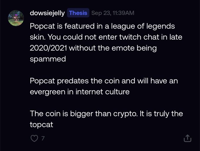 A Discord message from user 'dowsiejelly' discussing Popcat being featured in a League of Legends skin and describing it as 'the topcat' predating the coin.