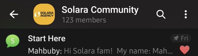 A screenshot of a WhatsApp group chat titled "Solara Community" with 123 members, showing a pinned message from Mahbuby saying "Hi Solara fam! My name: Mah...".