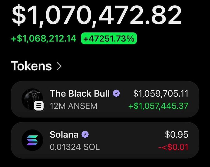 A crypto portfolio screenshot shows a total balance of $1,070,472.82 with gains of +$1,068,212.14 (+47,251.73%), driven by 12M ANSEM ("The Black Bull") valued at $1,059,705.11 alongside a small 0.01324 SOL ($0.95) position. The image illustrates the poster's claim of turning a $111 investment into a six-figure gain through the $ANSEM token, supporting their promise to give away $2,500 in $SOL to 10 active followers.