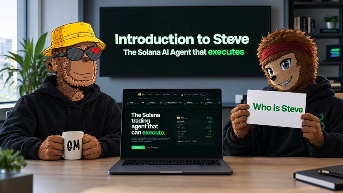 Two furry anthropomorphic mascots—one in a yellow bucket hat and pixelated sunglasses holding a "GM" mug, the other in a red headband holding a "Who is Steve" sign—sit at a desk showcasing "Introduction to Steve - The Solana AI Agent that executes," with a laptop displaying "The Solana trading agent that can execute," visually promoting SteveTheAgentAI as an executable AI trading tool on Solana.