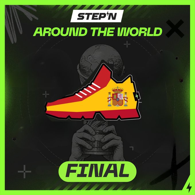 STEP'N 'Around the World' promotional graphic featuring a sneaker with the Spanish flag design, labeled 'FINAL', with a dark background showing hands holding a globe.