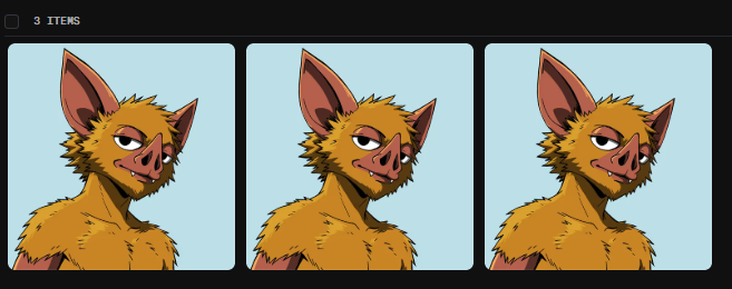 Three identical cartoon-style NFT illustrations of an orange bat-like creature with large ears, labeled as '3 ITEMS'.