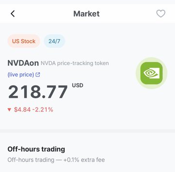 A stock market screenshot showing 'NVDAon' NVDA price-tracking token at 218.77 USD, down $4.84 (-2.21%), with 'US Stock' and '24/7' tags and a note about off-hours trading (+0.1% extra fee).
