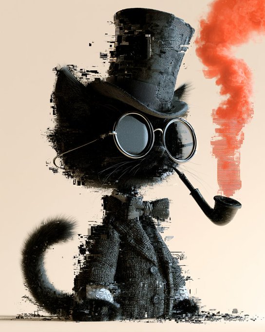 A stylized illustration of a black cat wearing a top hat, round glasses, and a coat, smoking a pipe that emits red smoke.