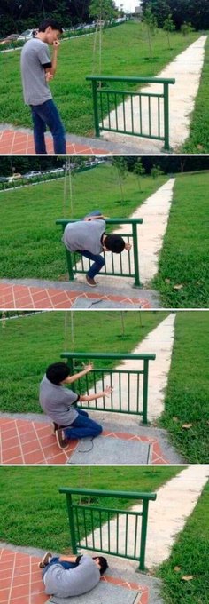 A man stands by a gate in a park, then climbs over it, gets stuck halfway, sits back down in frustration, and finally collapses lying flat on the ground in defeat. The image humorously illustrates the poster's frustration about copytrading, showing the exhausting struggle of trying to act in the market while being constrained by followers—getting "stuck" and ultimately giving up.