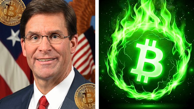 A split image showing a smiling man in a suit with American flags and Bitcoin coins on the left, and a flaming green Bitcoin logo on the right.