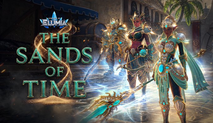 Promotional artwork for the game 'Legends of Elumia' featuring the title 'THE SANDS OF TIME' with three ornate armored fantasy characters.