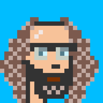 A pixel art NFT-style portrait of a character with long brown hair, large blue eyes, and a small beard, set against a bright blue background.