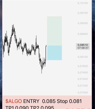 A forex-style chart shows the $ALGO entry at 0.085 with a stop at 0.081 and profit targets at 0.090 and 0.095, illustrating the trade setup promoted by LSTRADER's TWC Traders Telegram channel as a "no FOMO, no FUD" analysis opportunity.