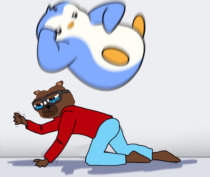 A cartoon illustration of a brown bear wearing glasses and a red shirt crawling on the floor, with a blue and white creature lying on its back above it.