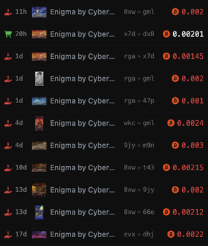 A cryptocurrency listing page showing multiple "Enigma by Cyber..." tokens with small values (0.001 to 0.003) in red, with pairings like 0xw = gml, x7d = dx8, and rga = x7d.