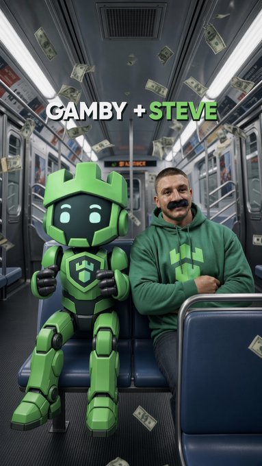 An AI-generated image showing a green robot and a man with a mustache wearing matching green hoodies sitting together on a subway train with money falling around them, with the text 'GAMBY + STEVE' at the top.