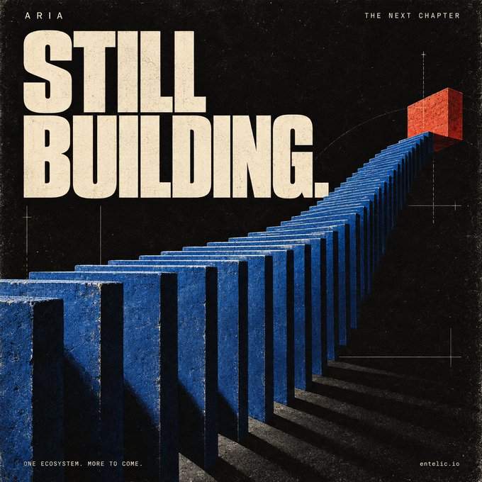 A promotional graphic for $ARIA features the bold tagline "STILL BUILDING." alongside a staircase of blue blocks ascending toward a red block, visually reinforcing the post's message about the project's ongoing development and anticipated "insane repricing" relative to peers like $ORBIO and $VVV. Additional text includes "THE NEXT CHAPTER" at the top right and "ONE ECOSYSTEM. MORE TO COME. entelic.io" at the bottom.