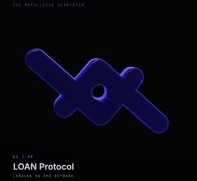 A dark promotional graphic displays a 3D metallic purple logo for "The Metallicus Ecosystem," with text identifying it as "03/09 LOAN Protocol — Lending on XPR Network," tying into the post's message about perseverance and a direct link to metalx.com/lending.