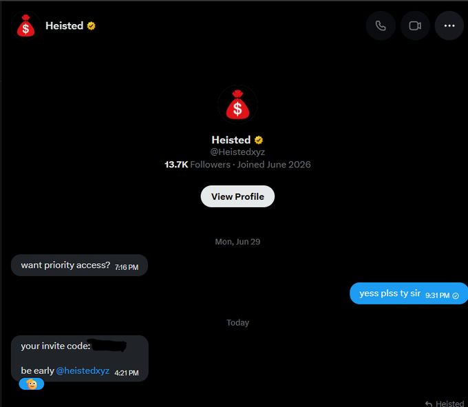 A Twitter DM conversation with 'Heisted' (@Heistedxyz) with 13.7K followers, where the user asks for priority access and receives an invite code.