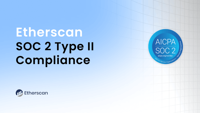 The image displays a light blue gradient graphic with text reading "Etherscan SOC 2 Type II Compliance" alongside the official AICPA SOC 2 badge, visually reinforcing the announcement that Etherscan has successfully completed its SOC 2 Type II examination, one of the first block explorers to achieve this independent security and operational assurance milestone for institutional teams.